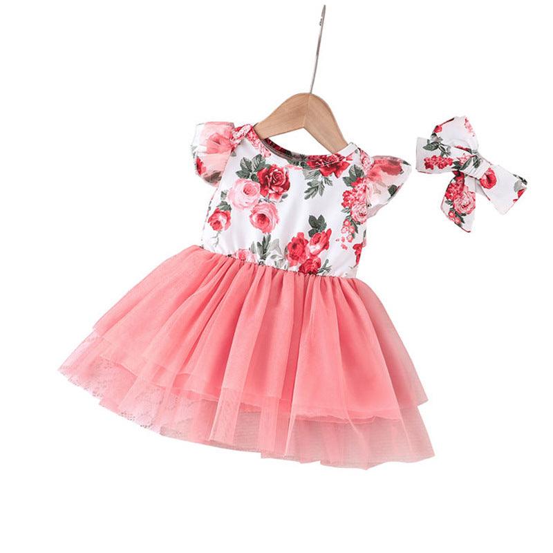 Printed Patchwork Gauze Skirt 2023 New Flying Sleeve Dress+headband Suit - PrettyKid