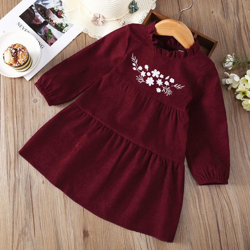 Toddler Kids Girls Solid Color Long Sleeve Embroidered Dress - PrettyKid