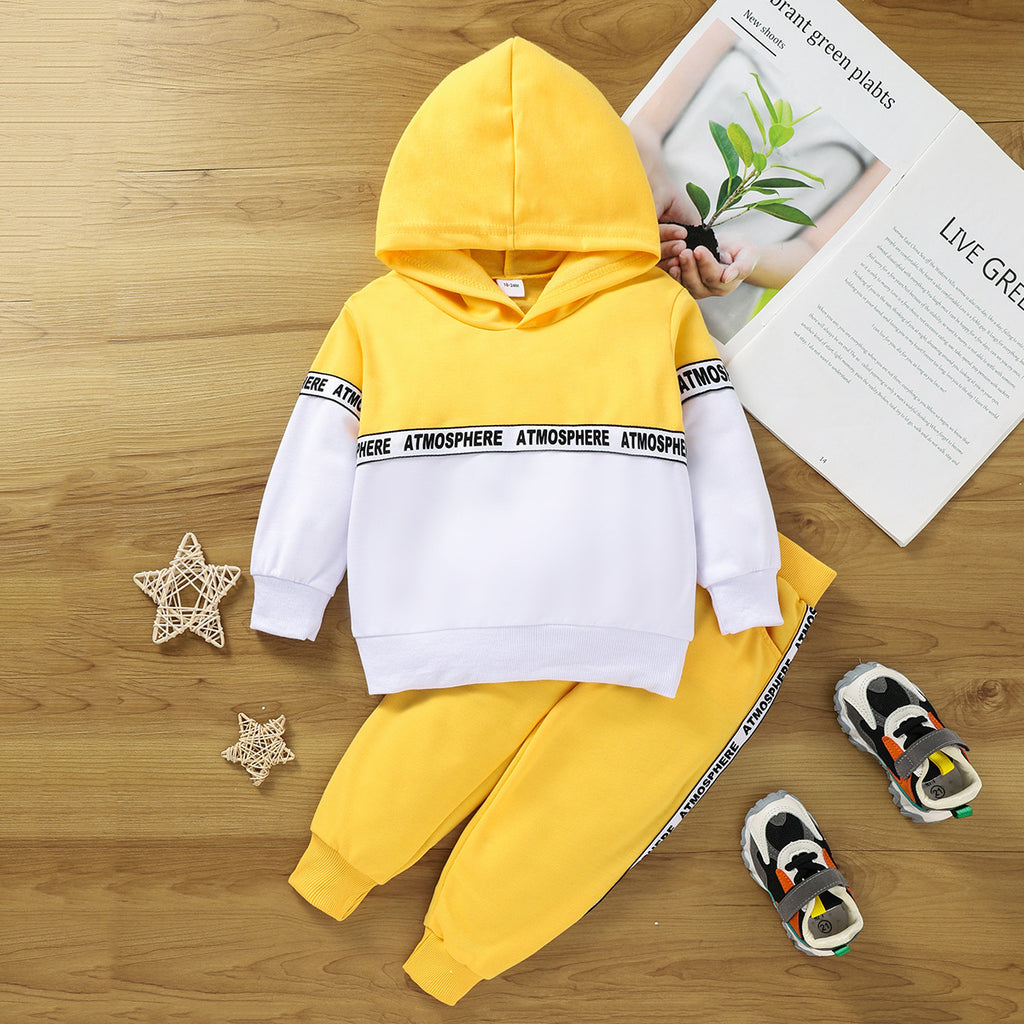 Toddler Kids Boys Solid Color Letters Patchwork Hooded Long Sleeved Suit - PrettyKid