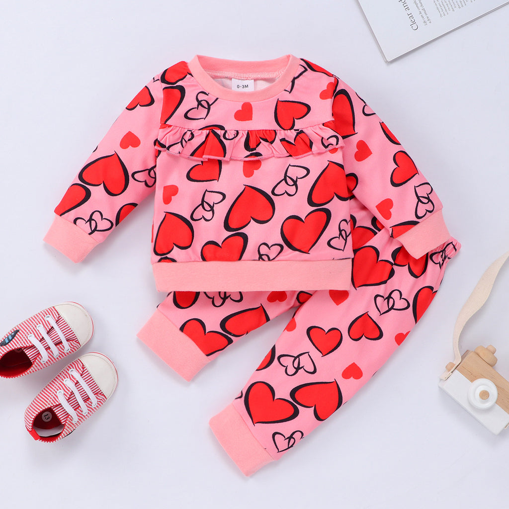 Toddler Girl Valentine's Day Love Printed Ruffle Long Sleeve Set - PrettyKid