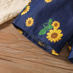 9M-5Y Toddler Girls Denim Sets Sunflower Flutter Sleeve Top & Shorts Wholesale Girls Clothes - PrettyKid