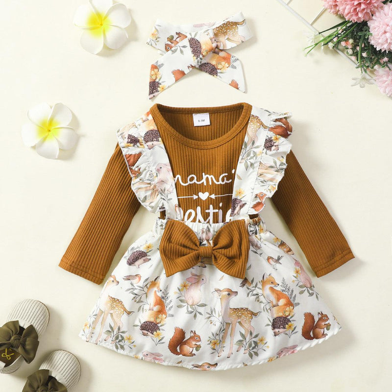 Toddler Girls Solid Letter Jumpsuit Animal Strap Skirt Set - PrettyKid