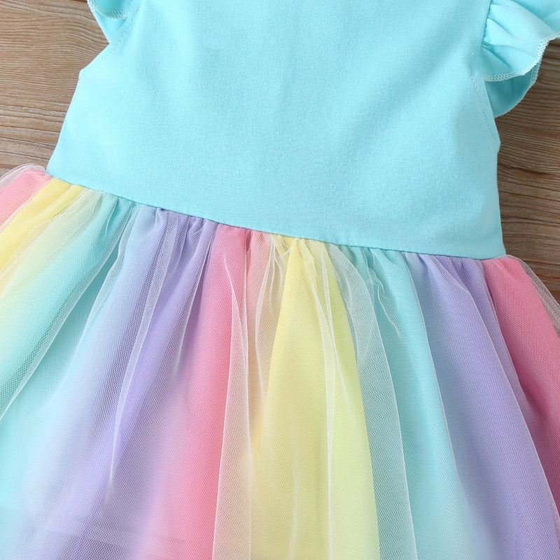 Toddler Kids Girl Summer Solid Color Sleeveless Rainbow Color Mesh Splicing Dress - PrettyKid