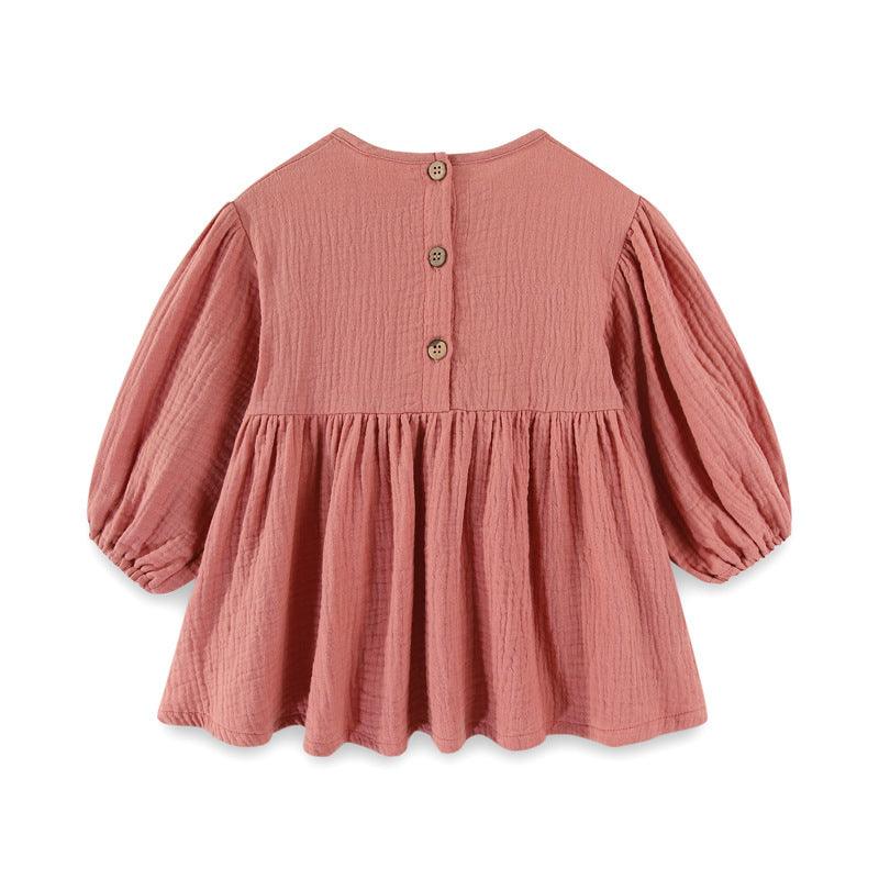 Autumn Toddler Kids Girls Cotton Linen Long Sleeve Solid Color Round Neck Dress - PrettyKid