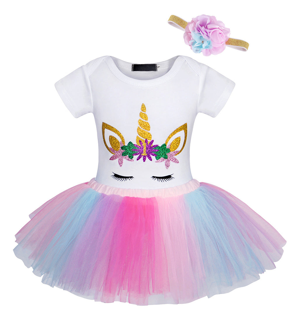 9-12M Short Sleeve Top Colorful Short Skirt Headband Two Piece Birthday Dress Wholesale Baby Clothes - PrettyKid