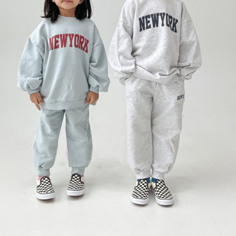 Toddler Kids Boys Girls Solid Color Letter Print Long Sleeve Pullover Sweatshirt Set - PrettyKid