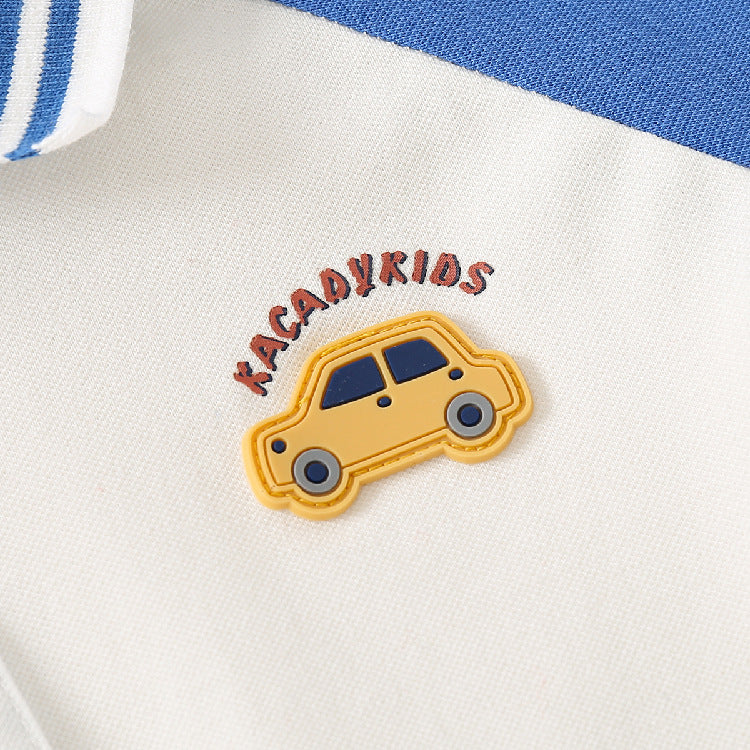 Toddler Kids Boys Cartoon Car Embroidery Contrast Color Short Sleeve Polo Collar T-Shirt Top - PrettyKid