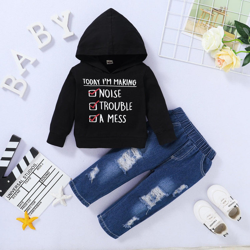 Toddler Kids Boys Girls Solid Color Letter Print Hooded Tops Ripped Jeans Set - PrettyKid