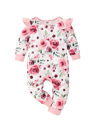 Baby Girls' One-piece Clothes Autumn and Winter Infant Children's Long Sleeved Rose Printed Ha Clothes Flower One-piece Climbing Clothes - PrettyKid