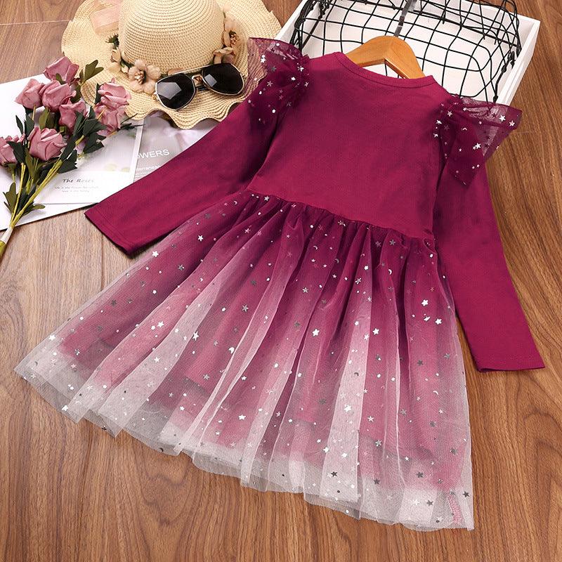 Girls Solid Star Sky Mesh Stitched Gradient Fluffy Dress - PrettyKid