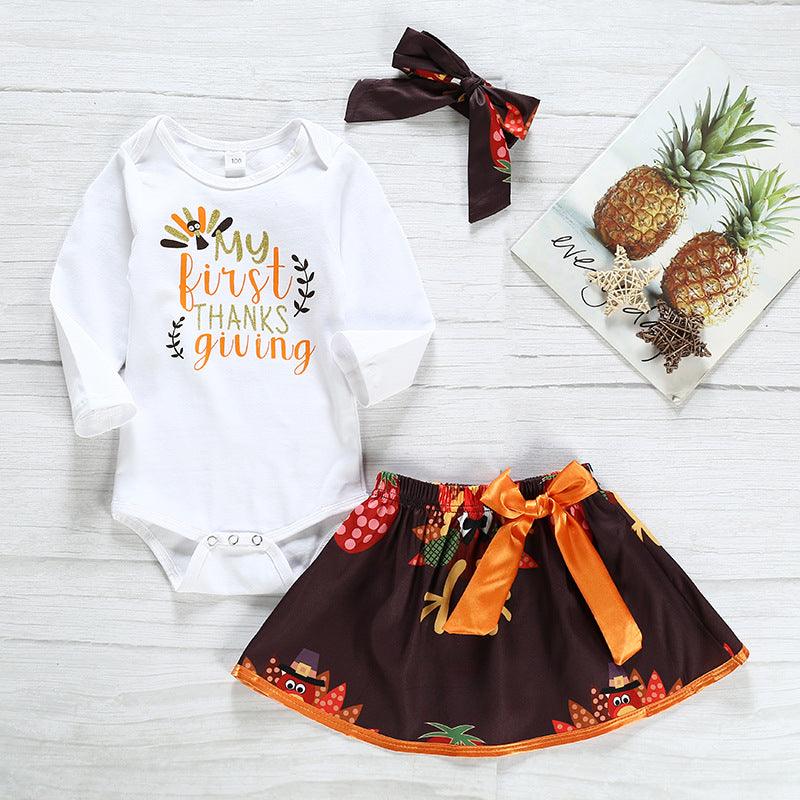 Baby Girls Thanksgiving Letter Print Long-sleeved Jumpsuit Mesh Skirt Hairband Set Wholesale Baby Clothes for Resale - PrettyKid