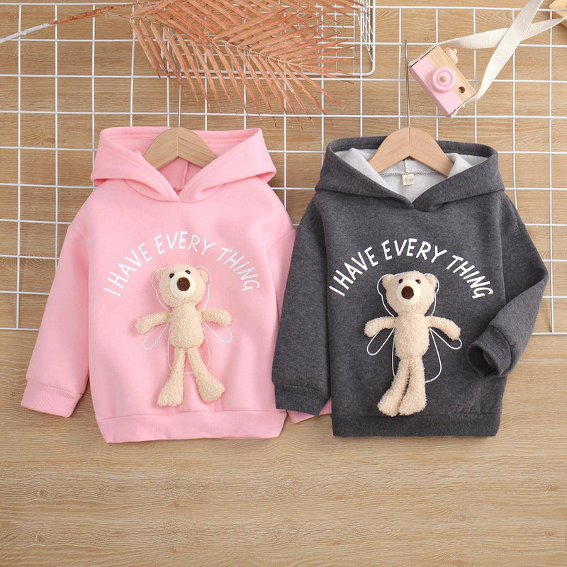 Toddler Kids Girls Long-sleeved Hooded Letter Print Cartoon Bear Doll Sweatshirt - PrettyKid