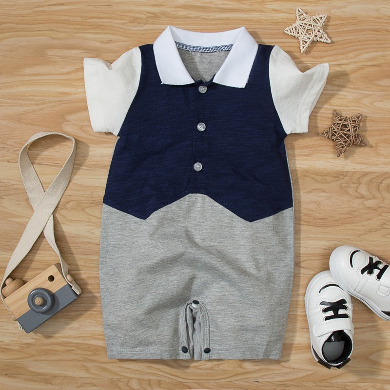 Toddler Boys Solid Color Stitched Short Sleeve Lapel Gentleman Jumpsuit Romper - PrettyKid