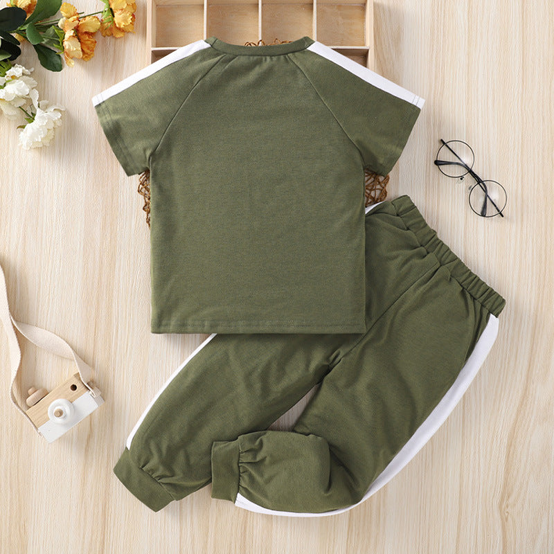 Toddler Kids Boys Military Green Color Matching Short Sleeved T-shirt Pants Set - PrettyKid