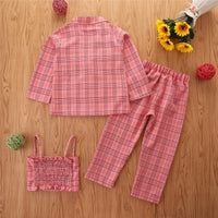 Toddler Kids Girls' Pink Plaid Printing Suspender Coat Trousers Suit - PrettyKid