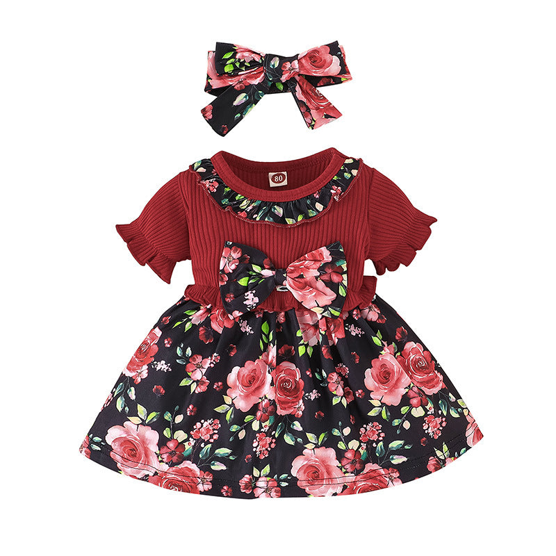 Short Sleeve One-piece Dress Baby and Child Flower Print Skirt+two Piece Scarf Patchwork Skirt - PrettyKid