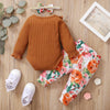 Baby Girls Brown Ruffled Long Sleeved Jumpsuit Flower Printed Pants Hair Band Set - PrettyKid