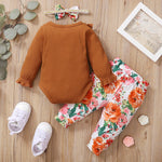 Baby Girls Brown Ruffled Long Sleeved Jumpsuit Flower Printed Pants Hair Band Set - PrettyKid