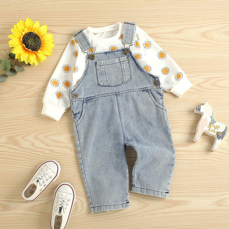 Toddler Kids White Cartoon Sun Printed Top Denim Suspender Suit - PrettyKid