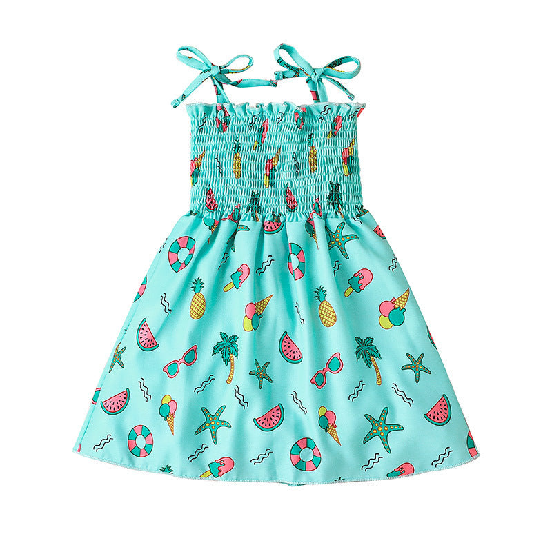Toddler Kids Girl Solid Color Cartoon Fruit Print Suspender Vest Dress - PrettyKid