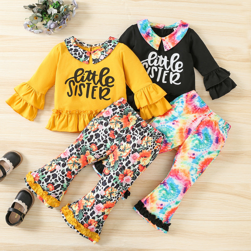 Toddler Kids Girls' Long Sleeved Baby Collar Lace Letter Printed Flared Pants Set - PrettyKid