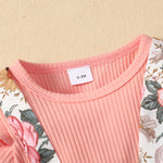 Baby Girls Solid Color Long Sleeve Jumpsuit Flower Print Suspender Skirt Bow Set - PrettyKid