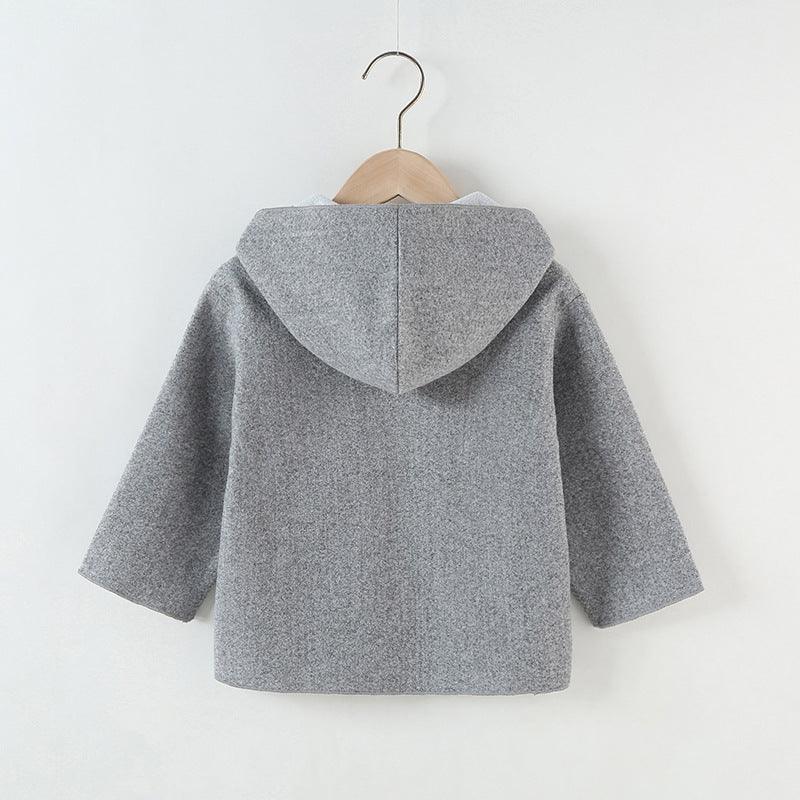 Toddler Kids Girls Grey Simple Woolen Hooded Coat - PrettyKid