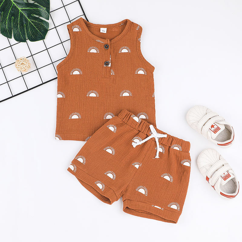 Toddler Boys Solid Color Cartoon Printed Sleeveless Vest Summer Suit - PrettyKid