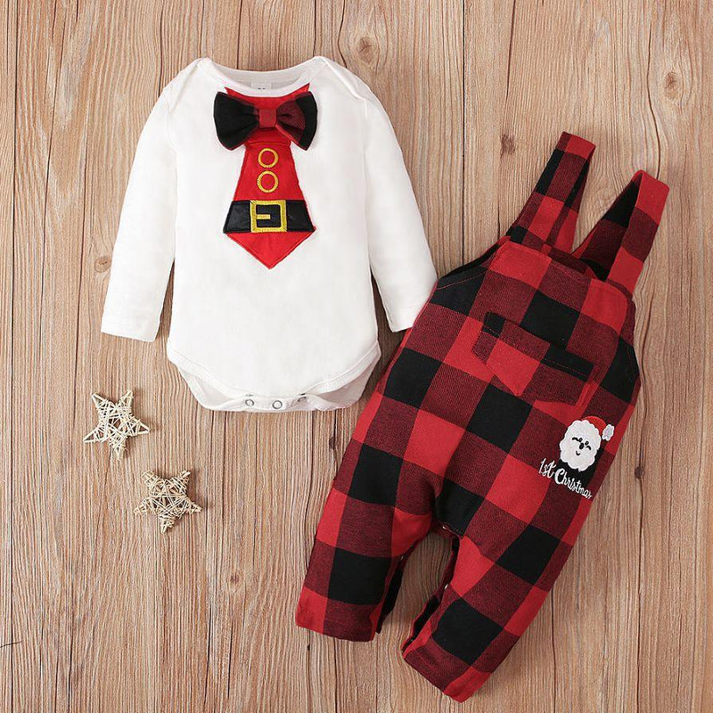 Baby Plaid Suspenders Long Sleeve Suit Christmas Dress - PrettyKid