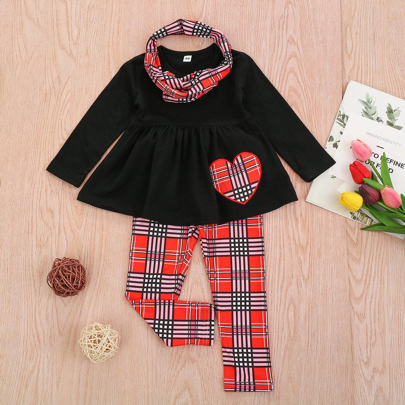 Toddler Kids Girls Solid Color Love Print Top Plaid Pants Set - PrettyKid