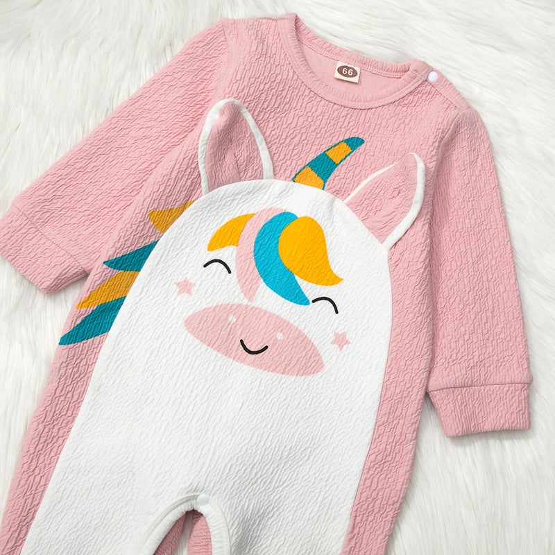 Baby Girls Pink Cartoon Unicorn Printed Long Sleeve Jumpsuit - PrettyKid