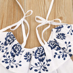 Toddler kids girls' suit blue porcelain print one-word shoulder denim shorts set - PrettyKid
