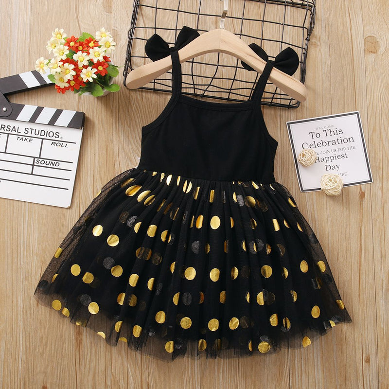 Toddler Girls Black Sleeveless Suspender Gold Polka Dot Print Dress - PrettyKid