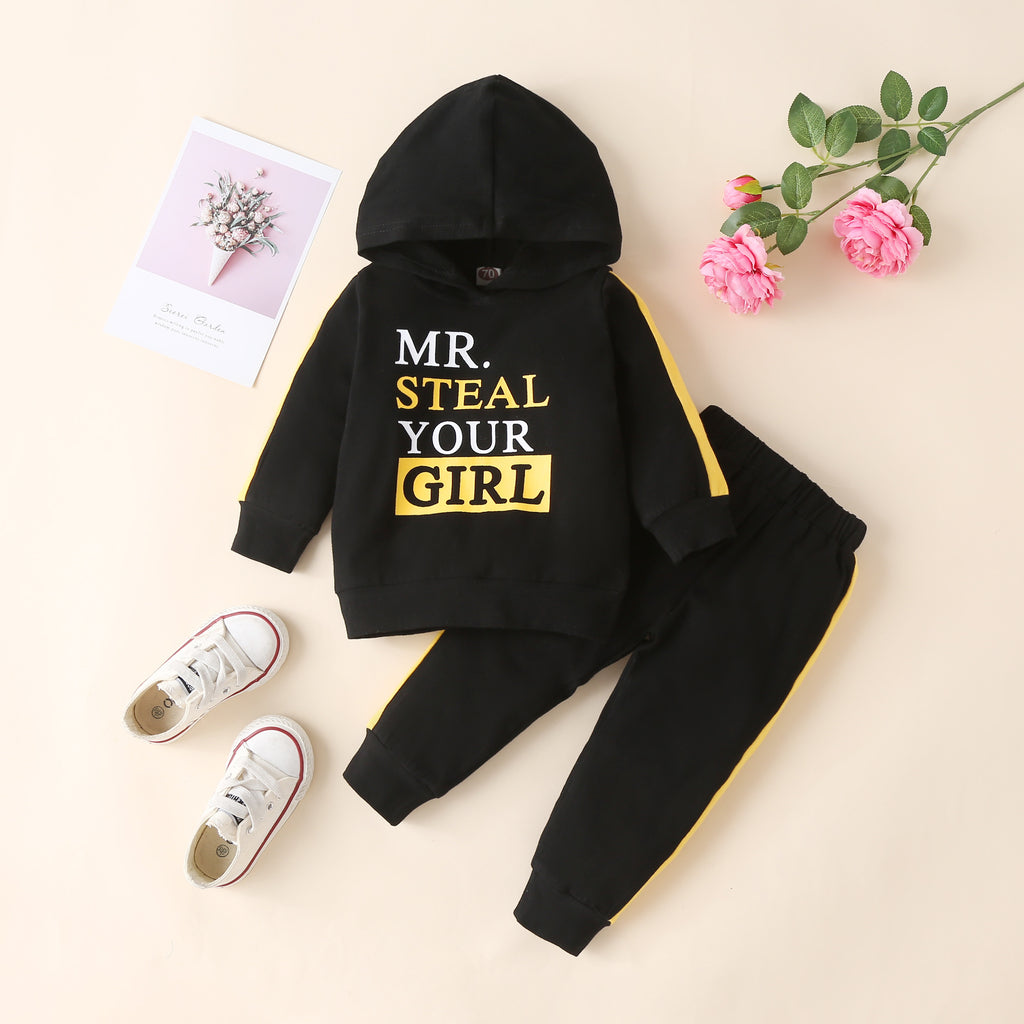 Children's Hooded Pullover Letter Print Color Contrast Pants Set - PrettyKid