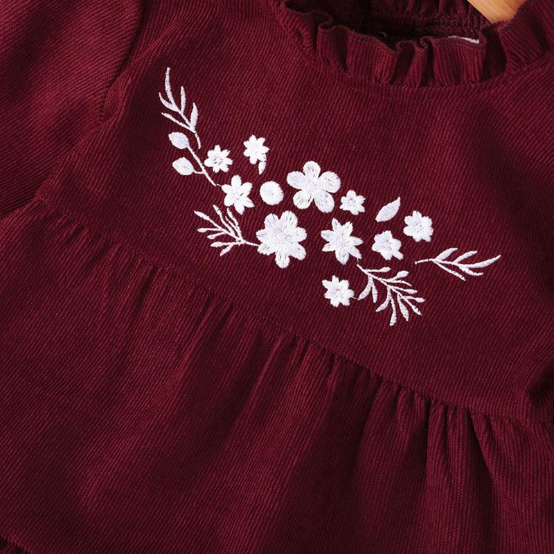 Toddler Kids Girls Solid Color Long Sleeve Embroidered Dress - PrettyKid