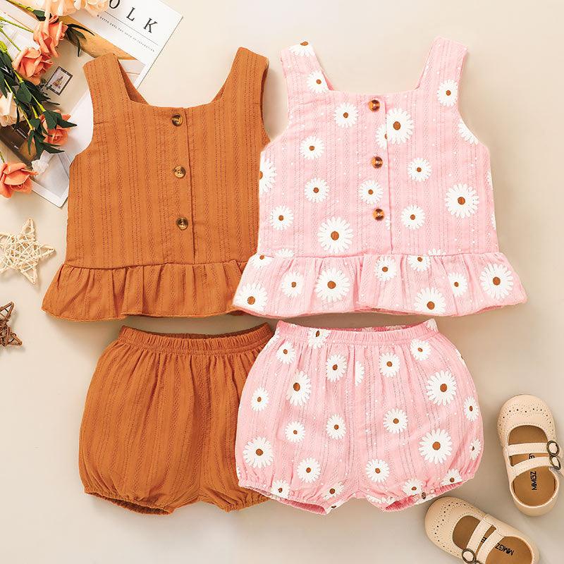 Toddler Girls Summer Solid Flower Print Vest Top Shorts Set - PrettyKid