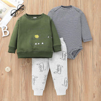 Striped BABY Jumpsuit Cartoon Dinosaur Sweater Pants Three Piece Set - PrettyKid