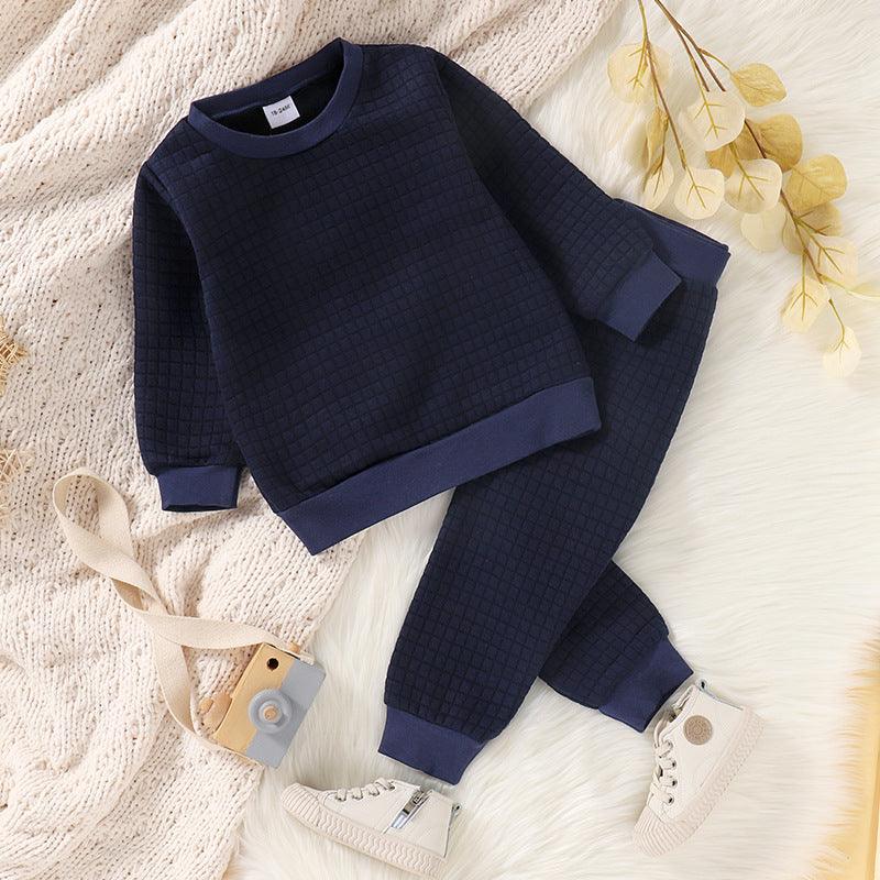 Toddler Children Solid Color Waffle Collar Long Sleeve Suit - PrettyKid