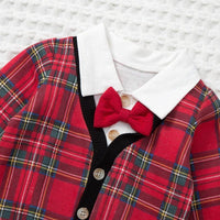 Toddler Kids Boys Fake Two Piece Bow Tie Plaid Print Top Red Gentleman Suit - PrettyKid