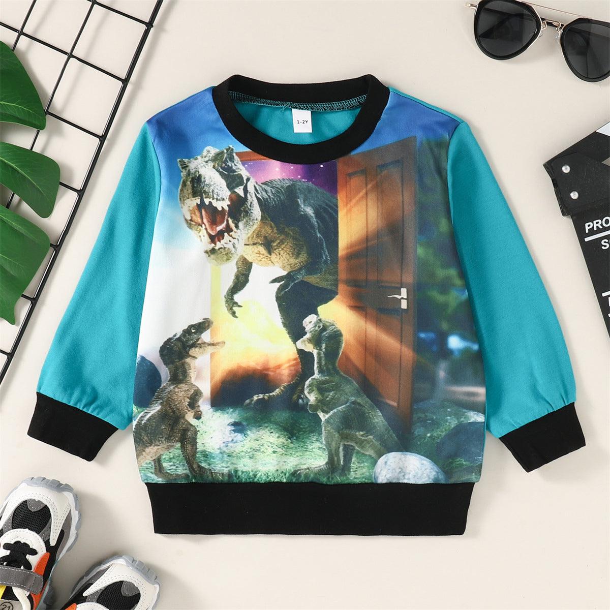 Toddler Kids Boys 3D Printed Dinosaur Patchwork Sweatshirt Set - PrettyKid