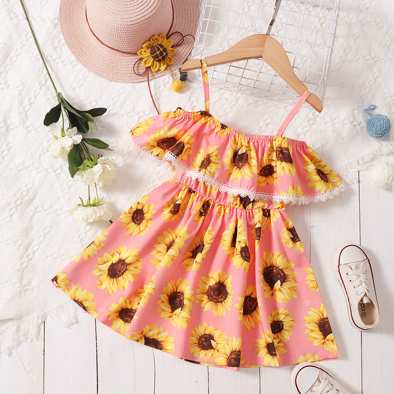 Children's Strapless Ruffle Sunflower Dress Floral Dress - PrettyKid