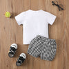 Toddler Boys Solid Color Short Sleeve Fake Two-piece Set Gentleman's Top Plaid Printed Shorts Set - PrettyKid