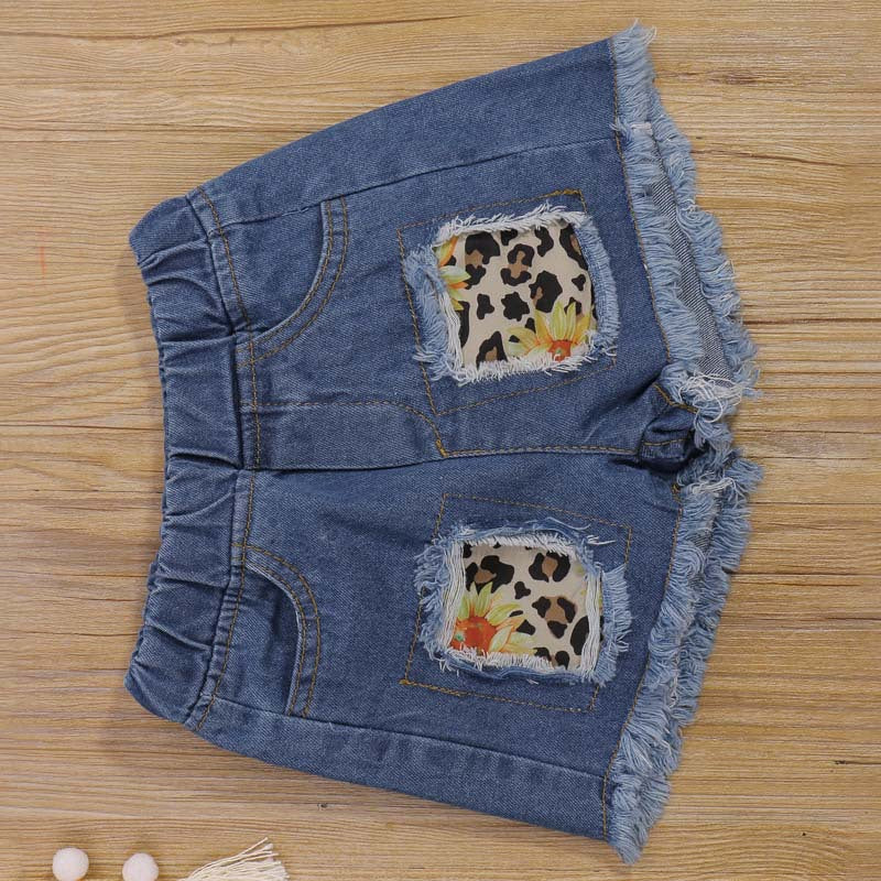 Toddler Kids Girls Solid Sunflower Print Shoulder Cut-out Top Leopard Denim Shorts Set - PrettyKid