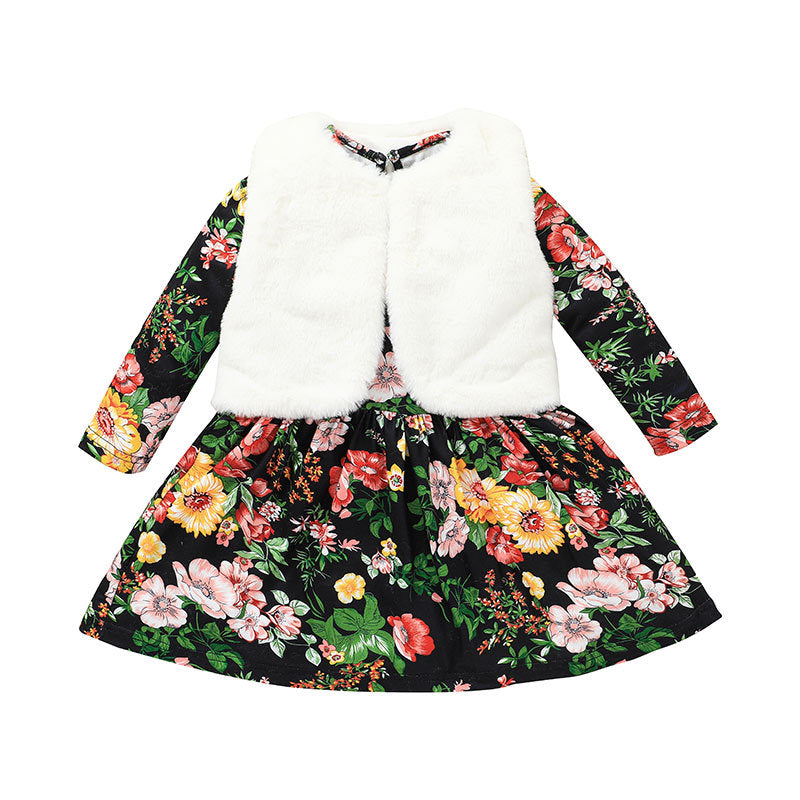 Toddler Kids Girls' Solid Sweater Vest Print Long Sleeve Dress Set - PrettyKid