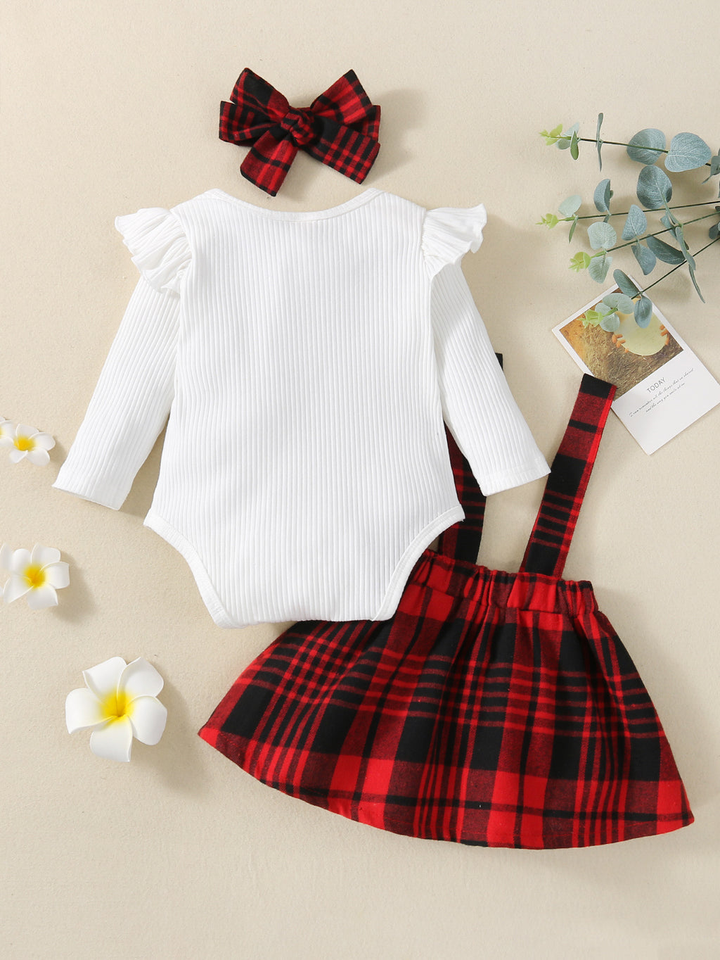 Baby Girls White Long Sleeved Jumpsuit Plaid Strap Skirt Set - PrettyKid