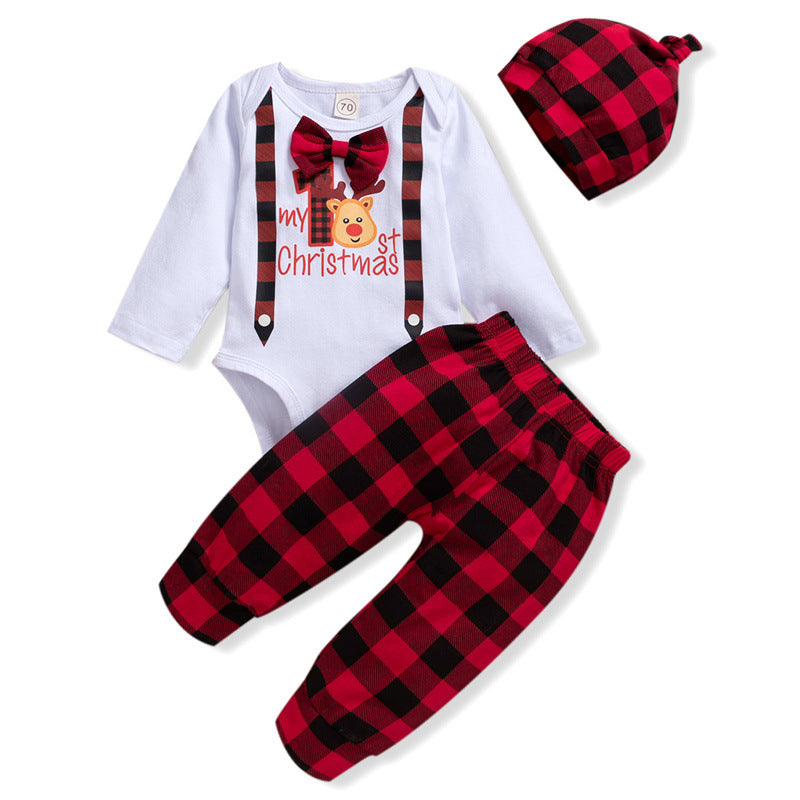 Baby Boys Solid Christmas Print Bodysuit Plaid Pants Hat Tie Set - PrettyKid
