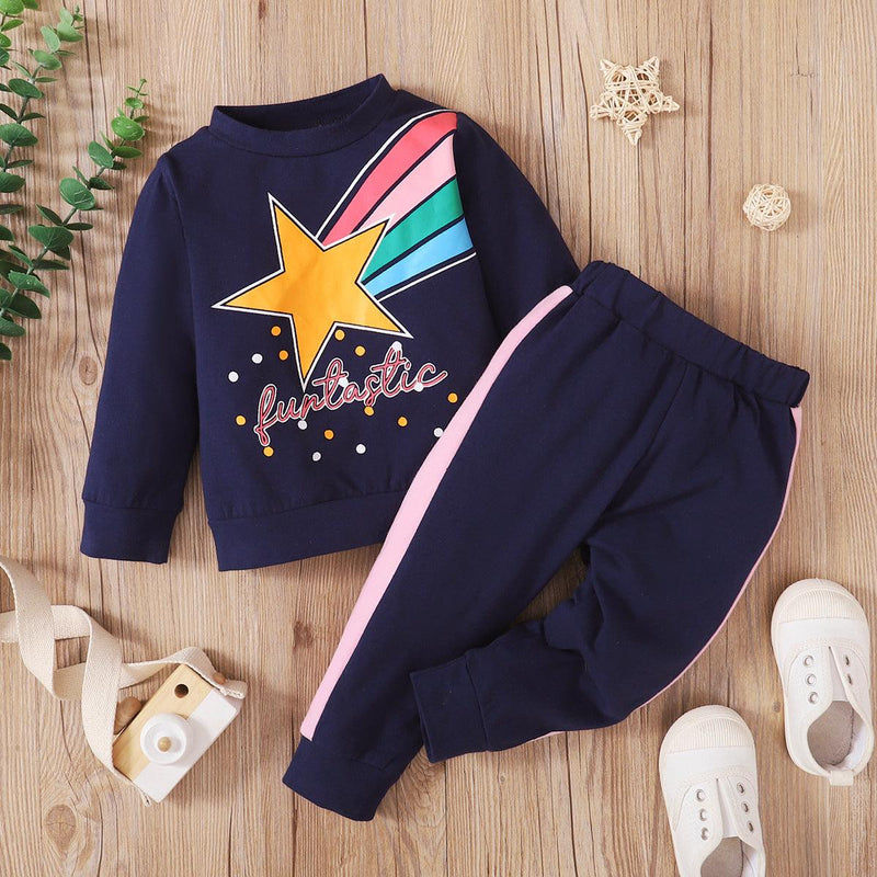 Toddler Boys Girls Solid Color Rainbow Star Print Long-sleeved Suit - PrettyKid