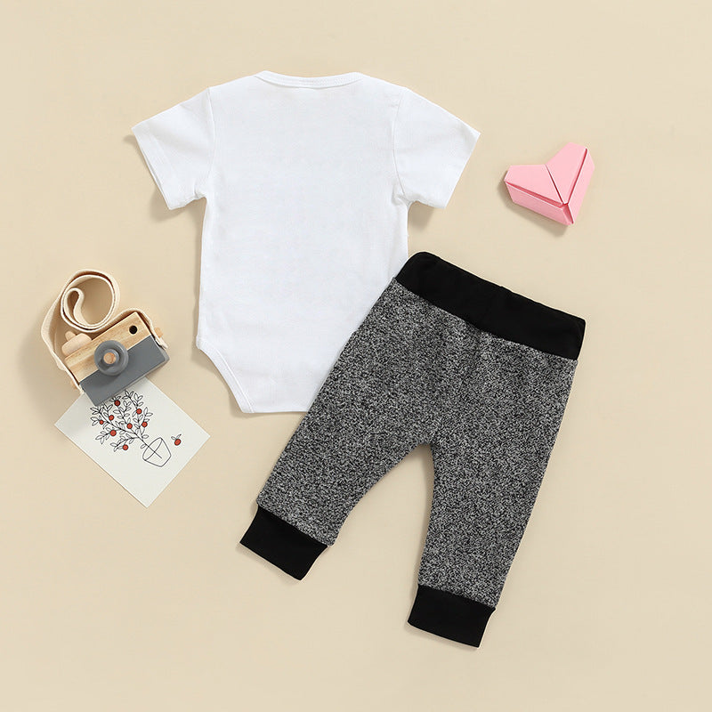 Baby Boys Solid Color Letter Print Short-sleeved Jumpsuit Pants Set - PrettyKid