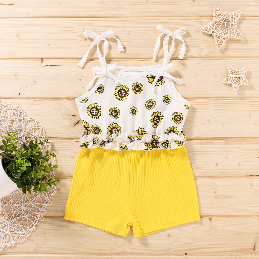 Toddler Kids Girls Bow Sunflower Printed Suspender Jumpsuit Wholesale Girls Boutique Clothing - PrettyKid