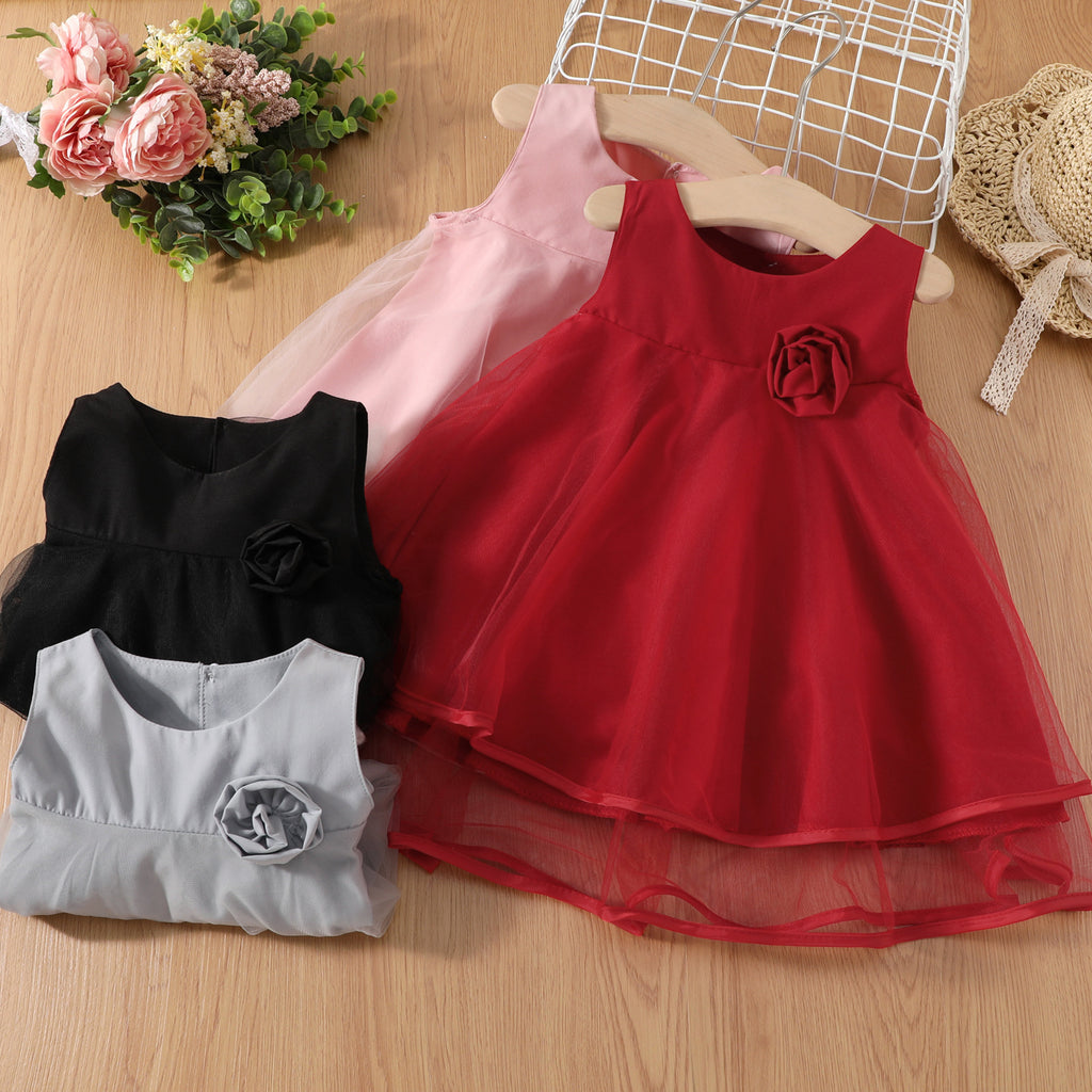 9M-4Y Toddler Girls Flower Decor Solid Color Mesh Tank Dresses Wholesale Little Girl Clothing - PrettyKid